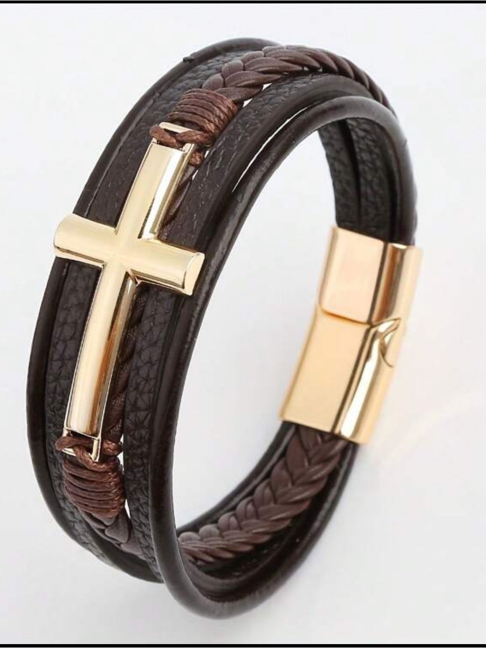 Brown Leather Cross Bracelet with Gold Accent, Braided Faux Leather Bracelet